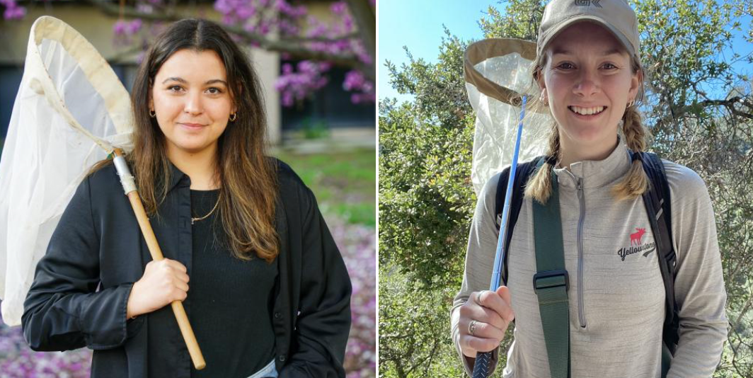 Lexie Martin (left) of the Rachel Vannette lab, and Abigail Lehner of the Neal Williams lab, delivered presentations to the Orchard Bee Association.