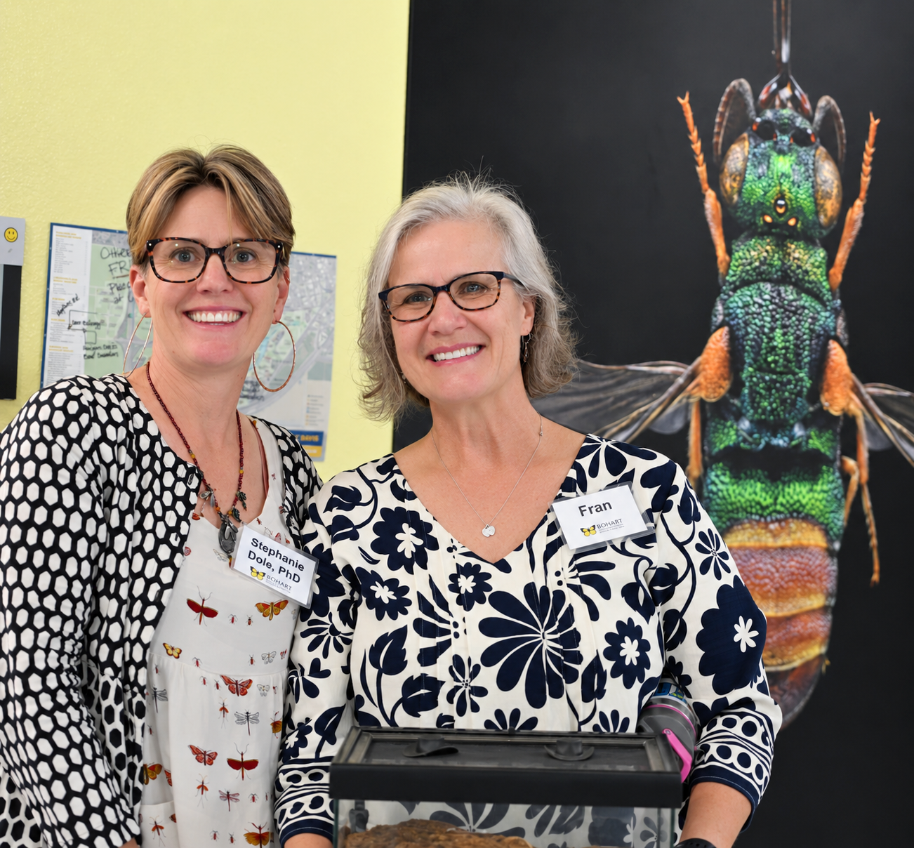 Two PhDs stand in front of a large iridescent green insect posteranie