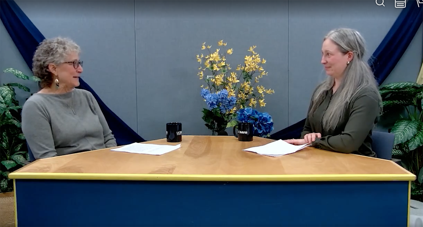 UC Davis Distinguished Professor Emerita Diane Ullman being interviewed by urban landscape entomologist, Emily Meineke, assistant professor. (Screen shot)