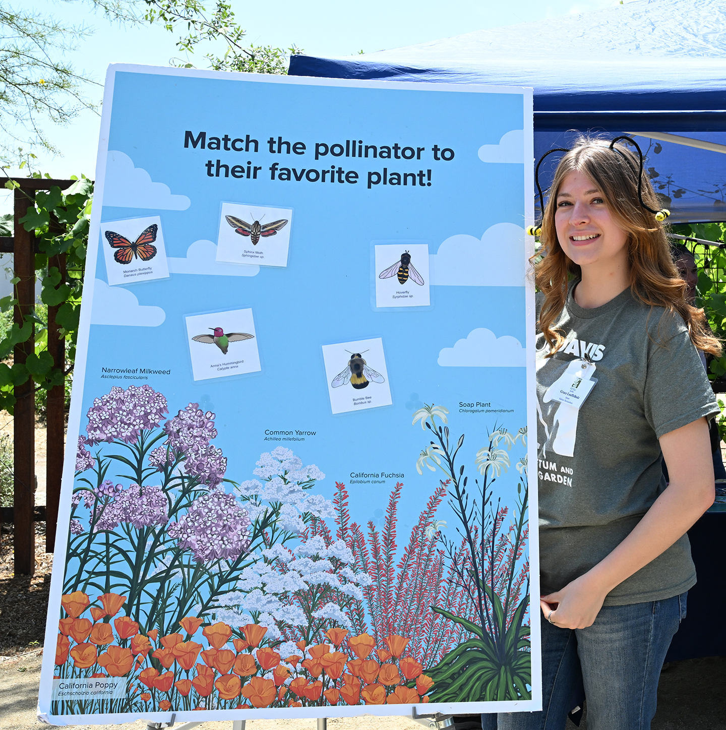 Grace Loeffelholz, a Learning by Leading ambassador, UC Davis Arboretum and Public Garden, asked visitors to match the pollinator with the plant. (Photo by Kathy Keatley Garvey)