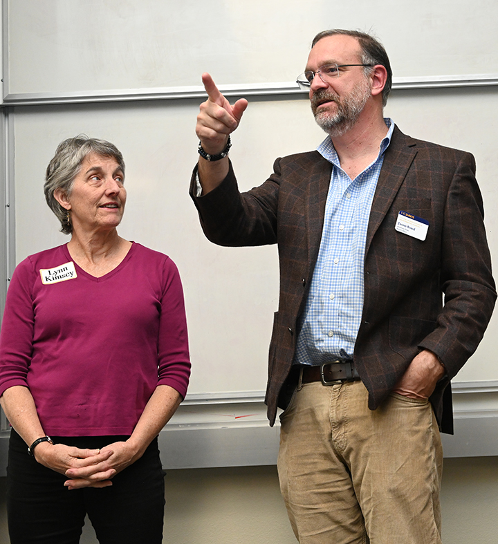 UC Davis distinguished professor emerita Lynn Kimsey, outgoing director of the Bohart Museum of Entomology, listens to incoming director Professor Jason Bond