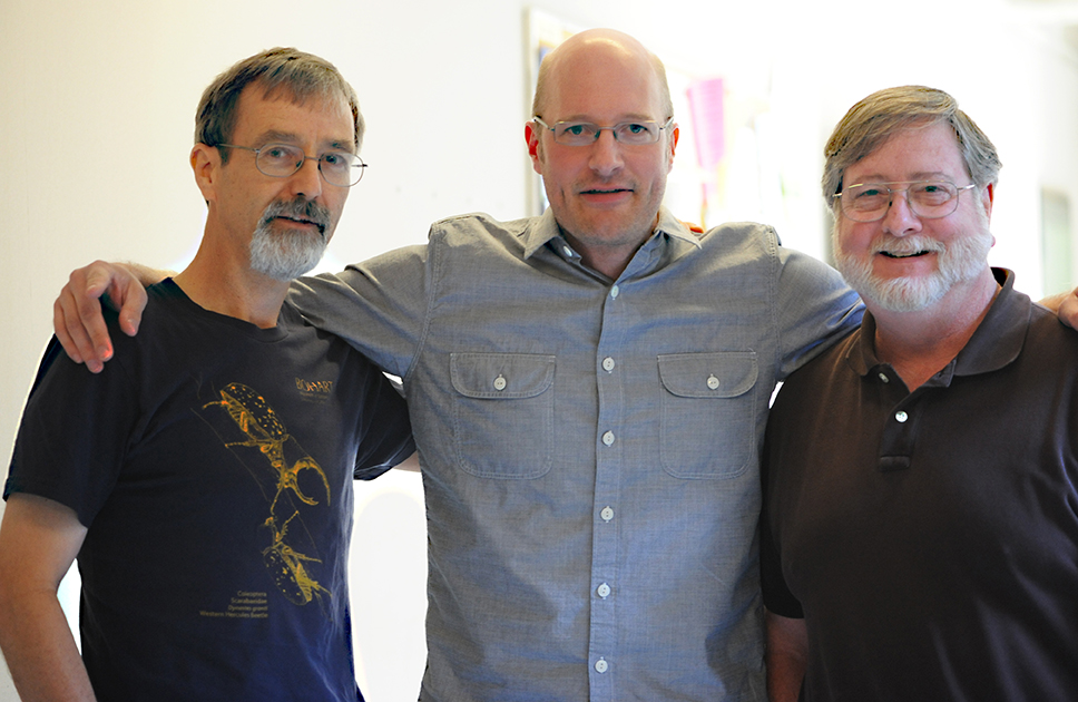 Entomologist Marshall Johnson (right) with colleagues UC Davis Professor Phil Ward (far right) and Ward's former graduate student, Alex Wild, now curator of entomology at the University of Texas. This image was taken in 2008 when Wild presented a UC Davis seminar on photography. (Photo by Kathy Keatley Garvey) 