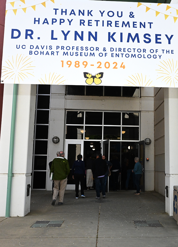 A congratulatory banner greeted the guests at the retirement celebration of UC Davis distinguished professor emerita Lynn Kimsey