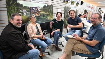 Faculty members and their wives enjoyed the Halloween party. From left are Geoffrey Attardo and wife, Meg; Kristine Bond; Professor Stephen "Fringy" Richards; and Professor Jason Bond, director of the Bohart Museum. (Photo by Kathy Keatley Garvey)