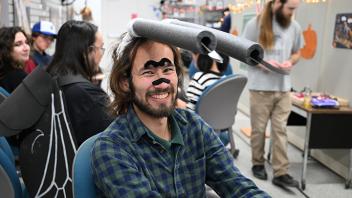 UC Davis student and Bohart intern Rex Nepstad dressed as a radioactive longhorned beetle. At right is Bohart collections manager Brennen Dyer. (Photo by Kathy Keatley Garvey)