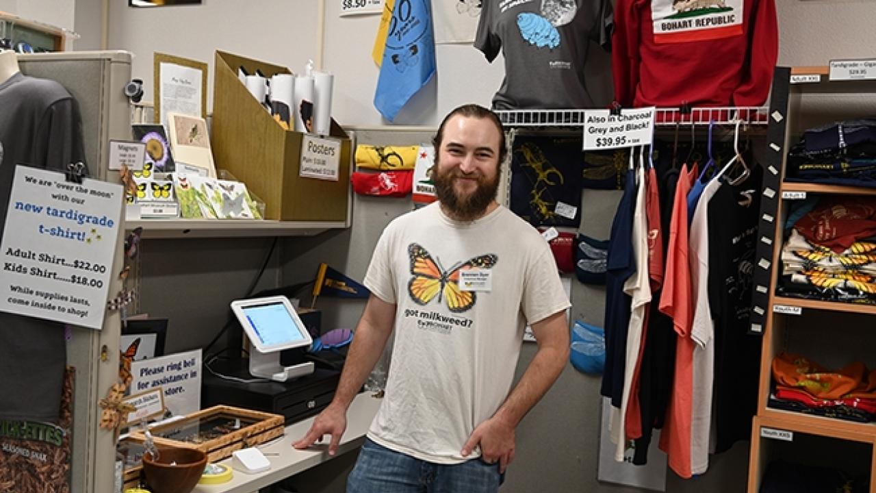 Brennen Dyer, collections manager of the Bohart Museum of Entomology, in the gift shop. (Photo by Kathy Keatley Garvey)
