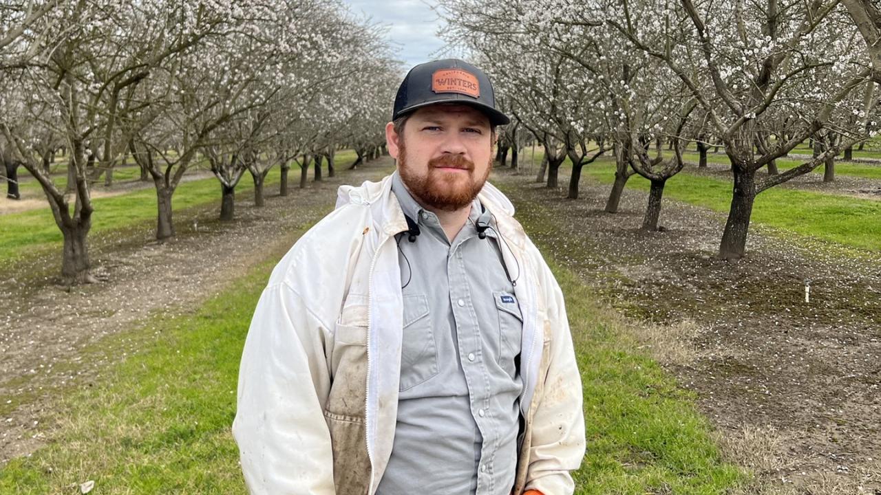 Joseph Tauzer, manager of the Harry H. Laidlaw Jr. Honey Bee Research Facility, in Hamilton City almond orchard. (Photo by Kian Nikzad)