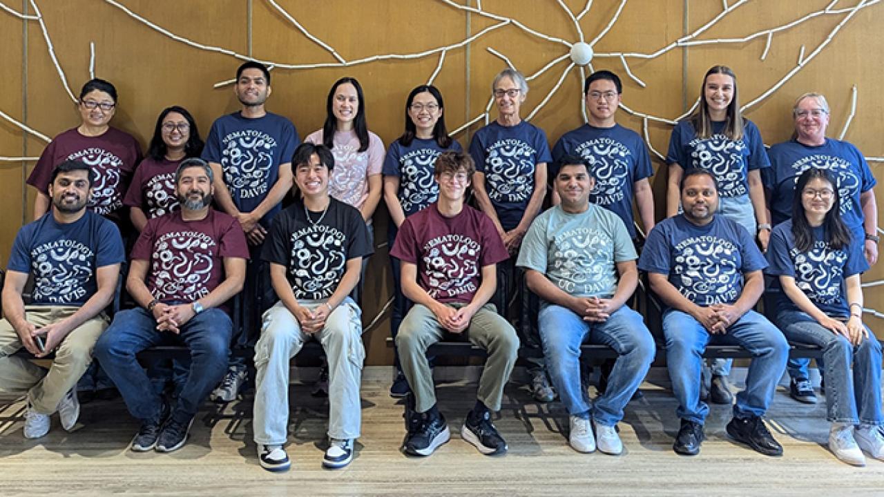Shahid Siddique lab group photo: In front (from left) are Syed Shamsullah, Dr. Bardo Castro, Anderson Van Dang, Mason Walline, Dr. Shahid Siddique, Dr. Tushar Dutta and Yali Zhang. In back (from left) Xuyun Yang, Pallavi Shakya (T-shirt designer), Romnick Latina, Veronica Casey, Ching-Jung Lin, Dr. Valerie Williamson emerita professor and nematologist from Plant Pathology; Dr. Dadong Dai, Alison Blundell, and Tanya Chilcote.