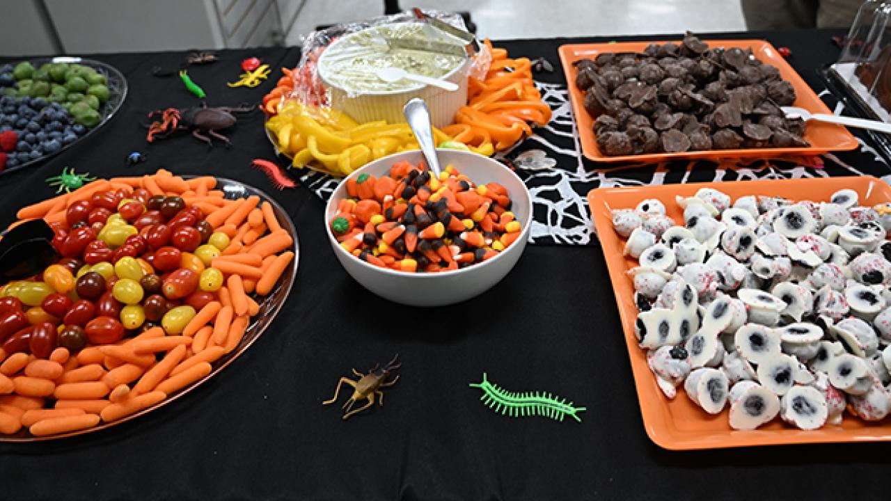Buffet table at Bohart Museum Society Halloween party. (Photo by Kathy Keatley Garvey)