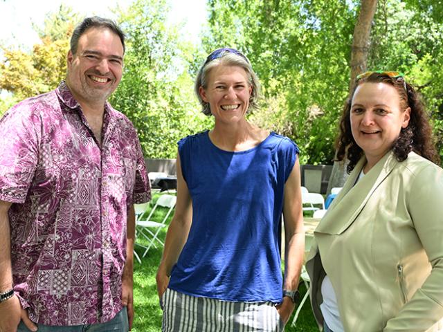 Medical entomologist-geneticist Geoffrey Attardo with community ecologist Rachel Vannette (center) and apiculturist Elina Niño. (Photo by Kathy Keatley Garvey)