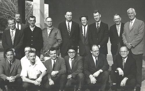 UC Davis entomology faculty in 1970. In front (from left) are Dick Bushing, Frank Summers, Bob Schuster, Al Grigarick, Bob Washino, Harry Lange and Harry Laidlaw. In back (from left) are Charles Judson. Robbin Thorp, Vern Burton, Elmer Carlson, Oscar Bacon, Frank Strong, Don McLean, Ward Stanger and Ed Loomis. Among faculty not pictured: Stanley F. Bailey, R. M. Bohart, Warren R. Cothran, Norman Gary, G. A. H. McClelland, Howard McKenzie and Gene Stafford