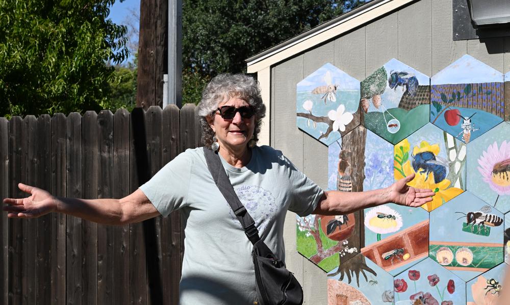 UC Davis Distinguished Professor Emerita Diane Ullman discusses the art in the garden. (Photo by Kathy Keatley Garvey)