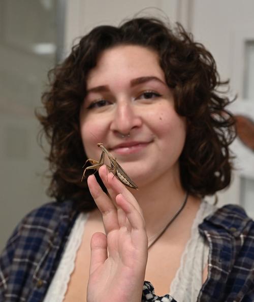 Sol Wantz holding a praying mantis.