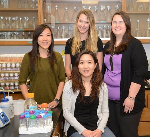 In this 2016 file photo, molecular geneticist and physiologist Joanna Chiu, a co-founder and co-administrator of the UC Davis Research Scholars Program in Insect Biology, is circled by her students (from left) Rosanna Kwok, Katherine Murphy and Jessica West.