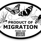 Black-and-white oval logo with butterflies, bee and dragonfly; text 'PRODUCT OF MIGRATION' and 'PICNIC DAY 2026'