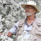 Robbin Thorp (1933-2019), UC Davis distinguished emeritus professor by an almond tree on Bee Biology Road. (Photo by Kathy Keatley Garvey)