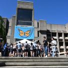 A crowd begins to gather at Briggs Hall during the 2024 UC Davis Picnic Day. (Photo by Kathy Keatley Garvey)