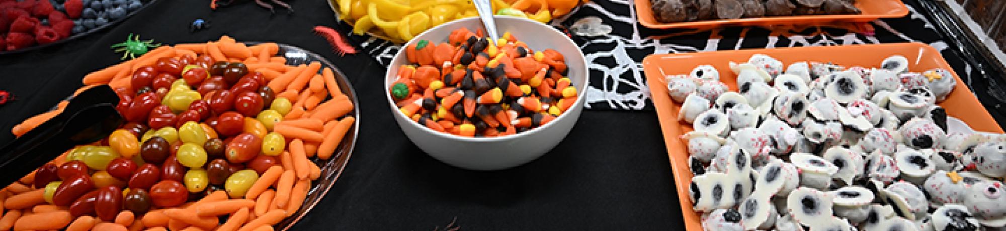 Buffet table at Bohart Museum Society Halloween party. (Photo by Kathy Keatley Garvey)